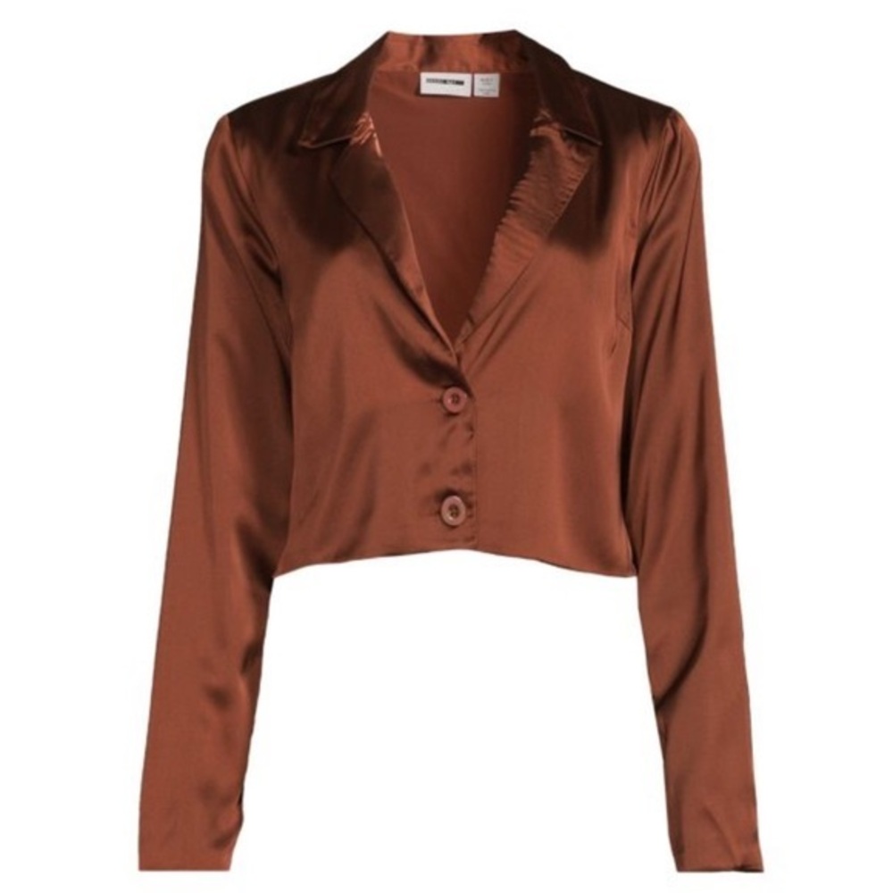NOISY MAY Claire Crop Button Up blazer NWT small long sleeve brown sliky top‎